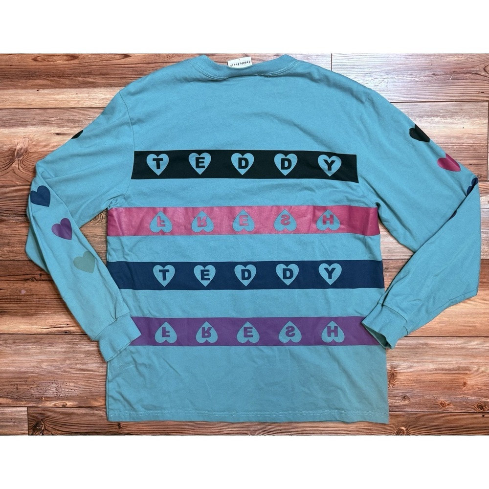 Teddy Fresh Hearts Long Sleeve Graphic T Shirt Teal Purple Cotton Adult L